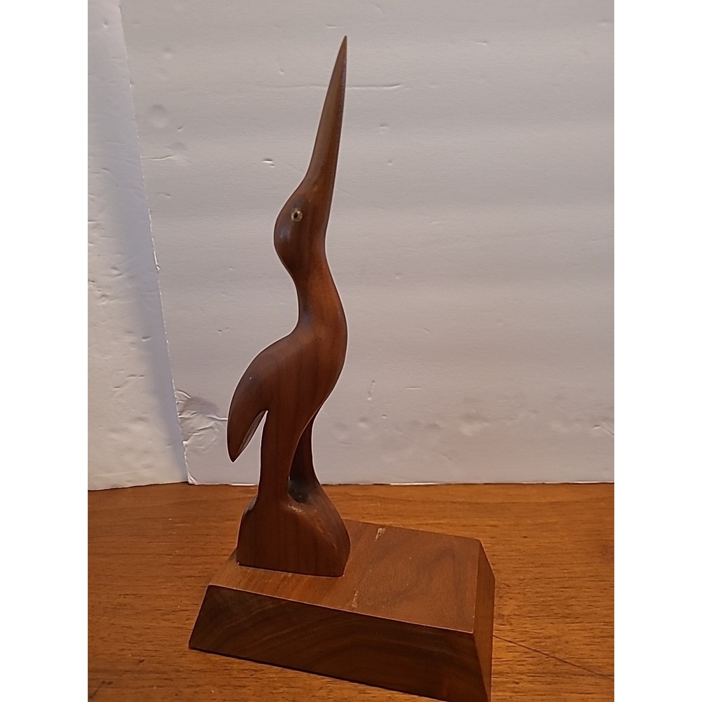 Vintage Wooden Hand Carved Crane Bird Figurine Primitive Mcm 11" Signed